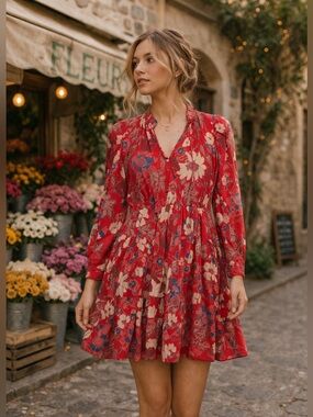 Ulla Johnson Floral Mini Dress Sz 2 Red Boho Long Sleeve Flowy